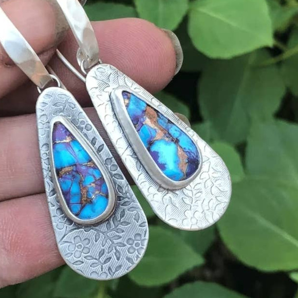 Boho Dangle Drop Earrings Metal Carved Pattern 925 Silver Plated - Picture 2 of 9